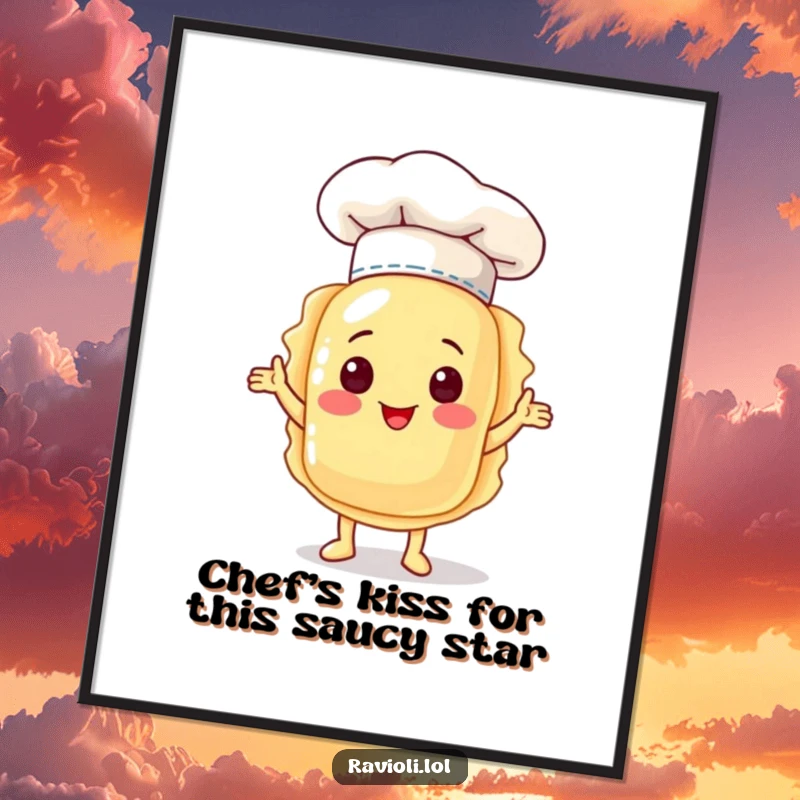 Funny Free Printable Wall Art: A ravioli character proudly wears a chef hat, presenting itself as a culinary masterpiece.