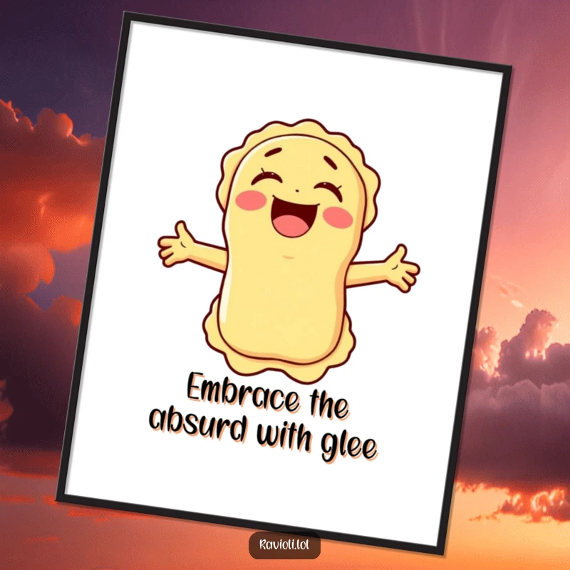 Funny Free Printable Wall Art of a delighted ravioli with arms wide, laughing heartily, adding a touch of humor to any wall.