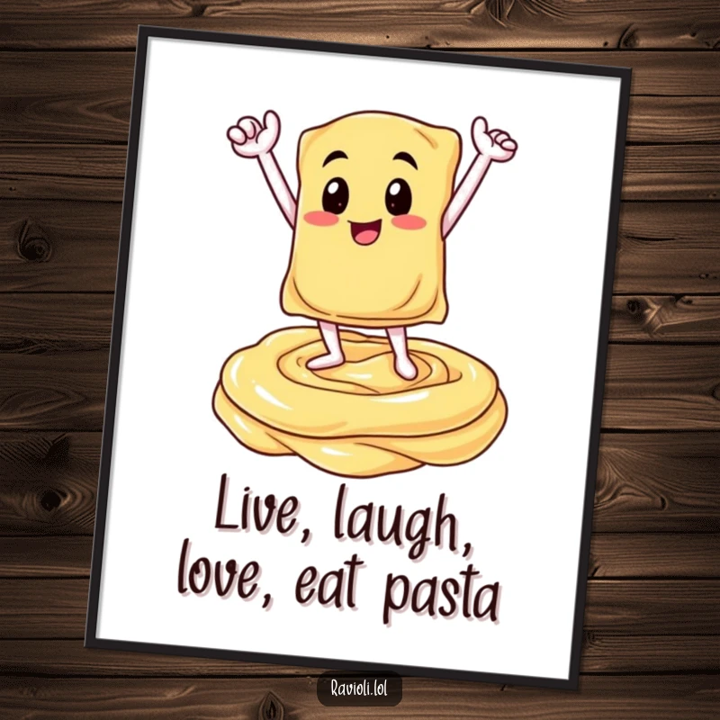 Funny free printable ravioli wall art; a ravioli stands triumphantly on a swirl of cream sauce, a winner.
