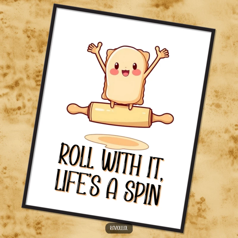 Funny Free Printable Wall Art shows a ravioli character with arms flailing, attempting to balance precariously on a rolling pin, adding humorous charm to any room.