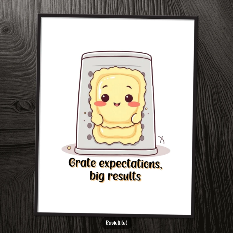 Funny Free Printable Wall Art: A cheerful ravioli character peeking from behind a gigantic cheese grater, adding a humorous touch to any room.