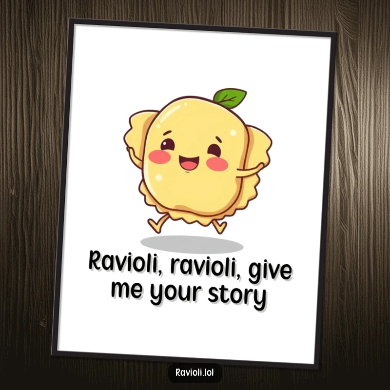 Funny Free Printable Wall Art featuring a smiling ravioli character losing its footing and tripping over its own pasta feet, adding humor to any room.