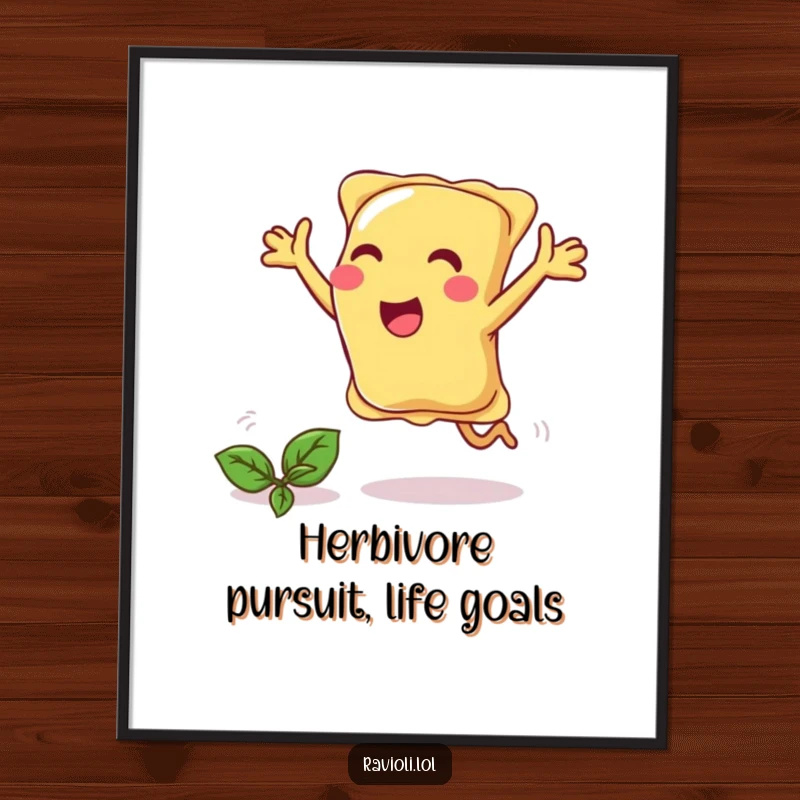 Funny Free Printable Wall Art: A ravioli with arms wide open joyfully pursues a runaway piece of basil.