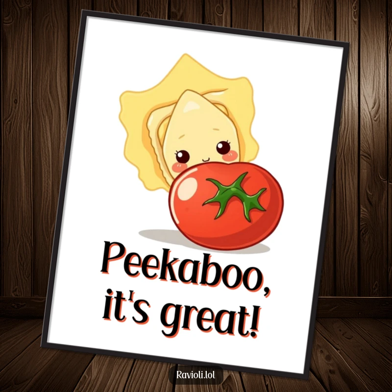 Funny Free Printable Wall Art: Shy ravioli character peeking out from behind a large tomato, creating a scene of gentle curiosity.