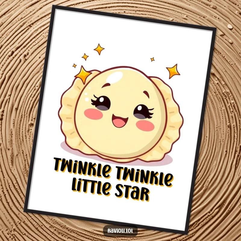 Funny Free Printable Wall Art: A ravioli with sparkling starry eyes, spinning with pure delight, creating whimsical decor.