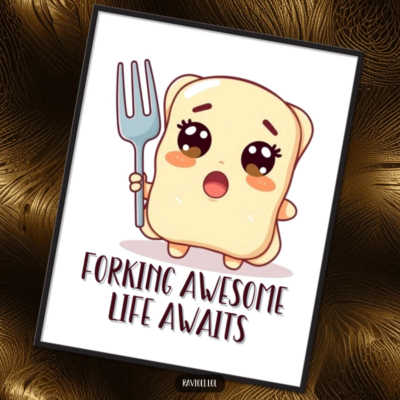 Funny Free Printable Wall Art depicts a ravioli character with wide, surprised eyes clutching a comically oversized fork, adding whimsical and humorous art to any room.