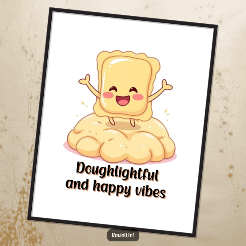 Funny Free Printable Wall Art: A smiling ravioli character energetically bouncing on a plush pile of dough, radiating joy.