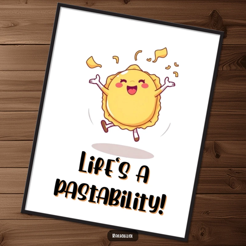 Funny Free Printable Wall Art: A joyful ravioli character doing a cartwheel with exciting pasta steam, adding humor to decor.