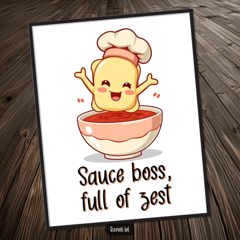 Funny Free Printable Wall Art: A ravioli wearing a tiny chef hat makes a dramatic leap into a bowl of sauce.