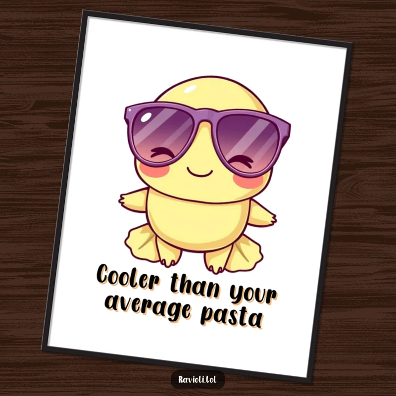 Funny Free Printable Wall Art: A ravioli character looking effortlessly cool in oversized sunglasses and giving a wink, downloadable and stylish.