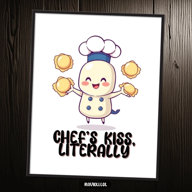 Funny Free Printable Wall Art: Chef ravioli joyfully juggles three ravioli wearing a chef hat, adding quirky kitchen decor.