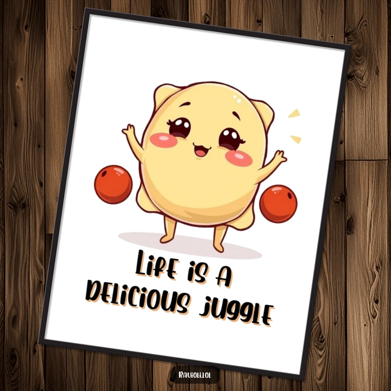 Funny Free Printable Wall Art: A plump ravioli winks slyly while skillfully juggling three tiny meatballs in mid-air.