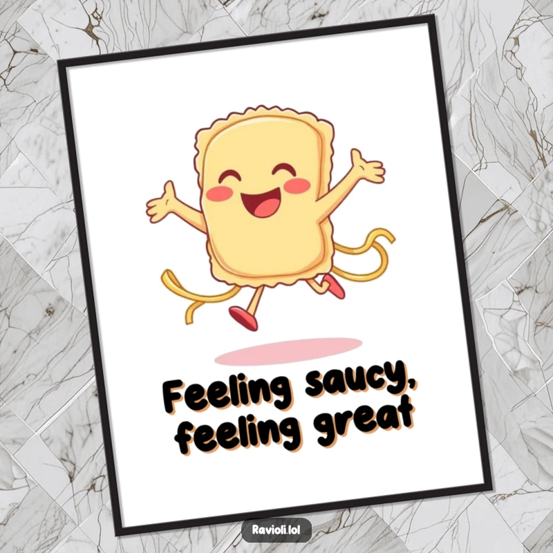 Funny free printable wall art: A smiling ravioli character is captured mid-jump with pasta strands trailing energetically and joyfully.