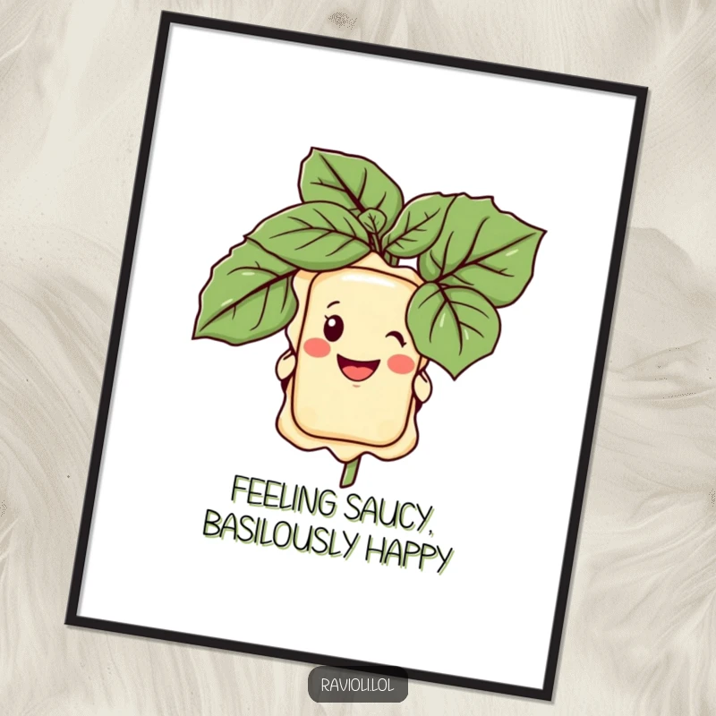 Funny Free Printable Wall Art: A happy ravioli character grins broadly while peeking from behind a large, vibrant basil leaf.