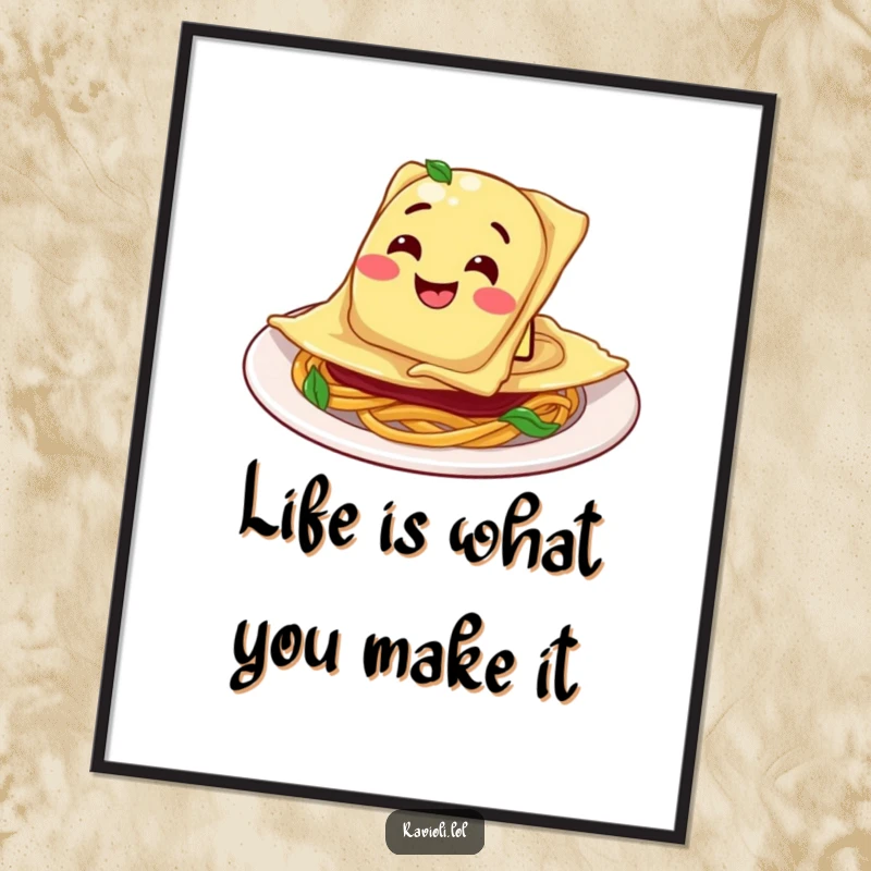 Funny Free Printable Wall Art: Ravioli character slides into a plate with a goofy grin, a culinary delight.