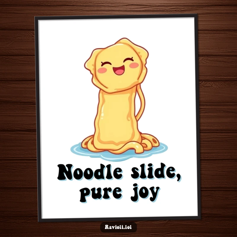 Funny Free Printable Wall Art: A ravioli laughs hysterically while sliding down a noodle waterslide, adding playful energy.