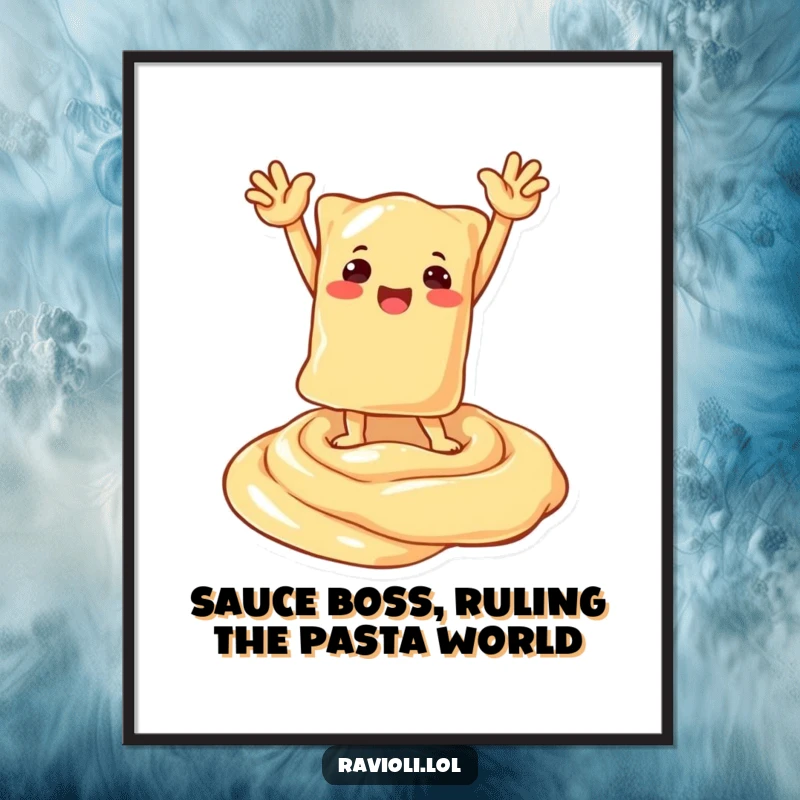 Funny Free Printable Wall Art: A ravioli character strikes a victorious pose, standing tall on a luxurious swirl of creamy sauce.