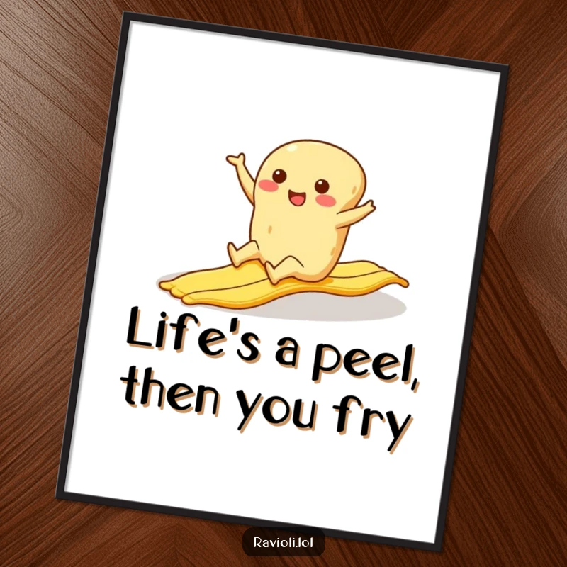 Funny free printable ravioli wall art: a pasta character in mid-air, legs flailing after slipping on a banana peel.