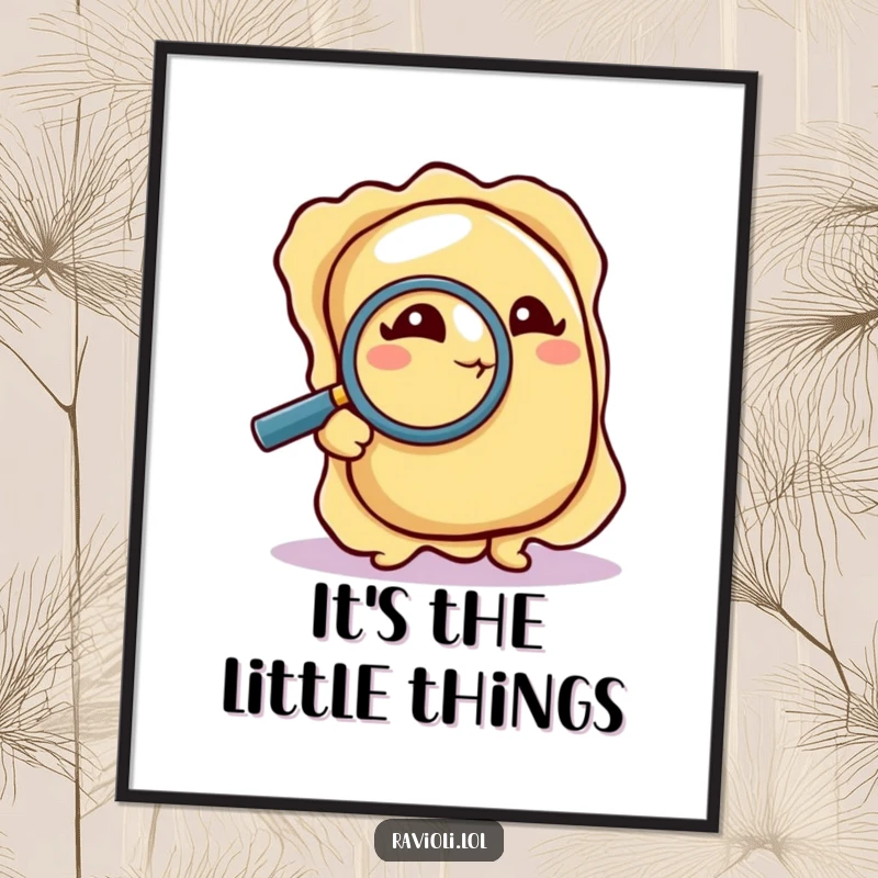 Funny Free Printable Wall Art: A ravioli uses a magnifying glass to study a crumb, a humorous, investigative piece, DIY download.