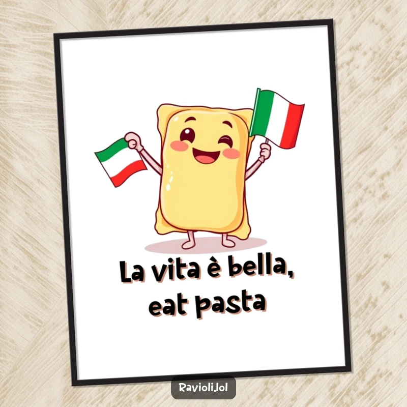 Funny free printable wall art: A jubilant ravioli character enthusiastically waves a miniature Italian flag, radiating pure delight.