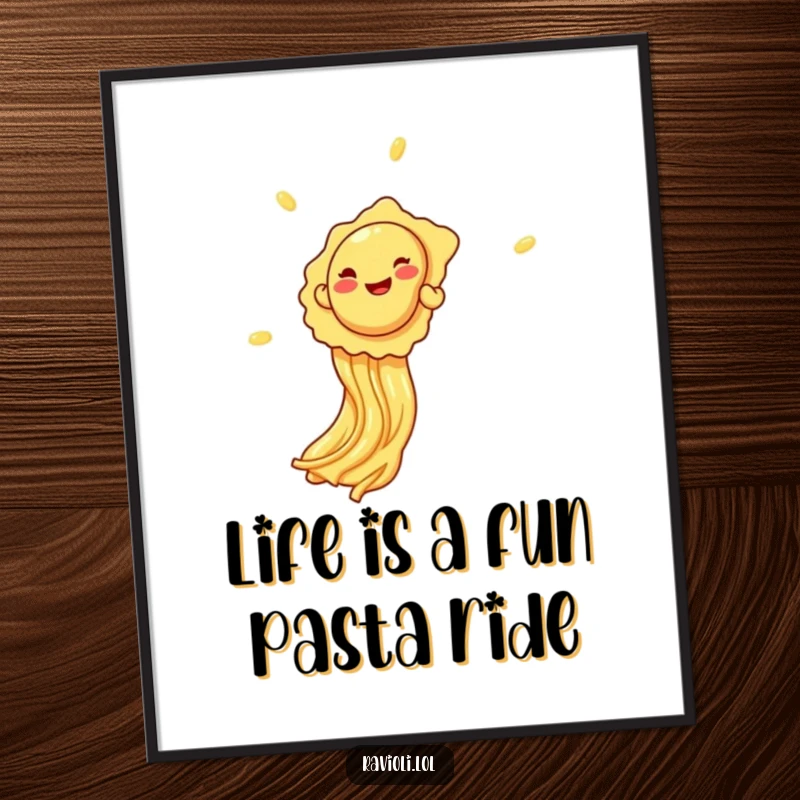 Funny Free Printable Wall Art: A joyful ravioli slides down a spaghetti strand, mimicking a playground slide.