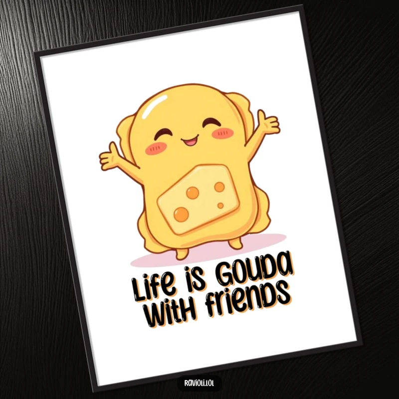 Funny Free Printable Wall Art: A ravioli with open arms embracing a shy, blushing piece of cheese.