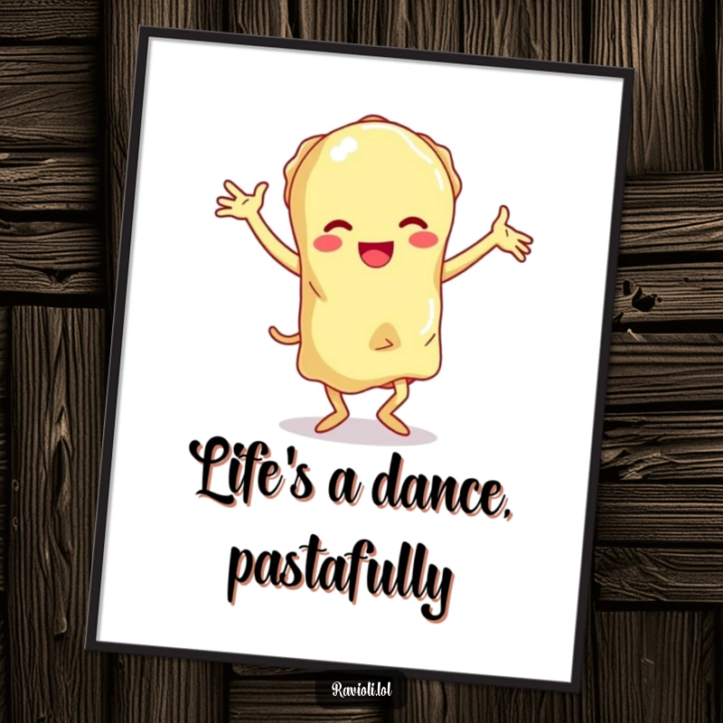 Funny Free Printable wall art of a ravioli character doing a hilarious, floppy-limbed clumsy dance, full of energy.