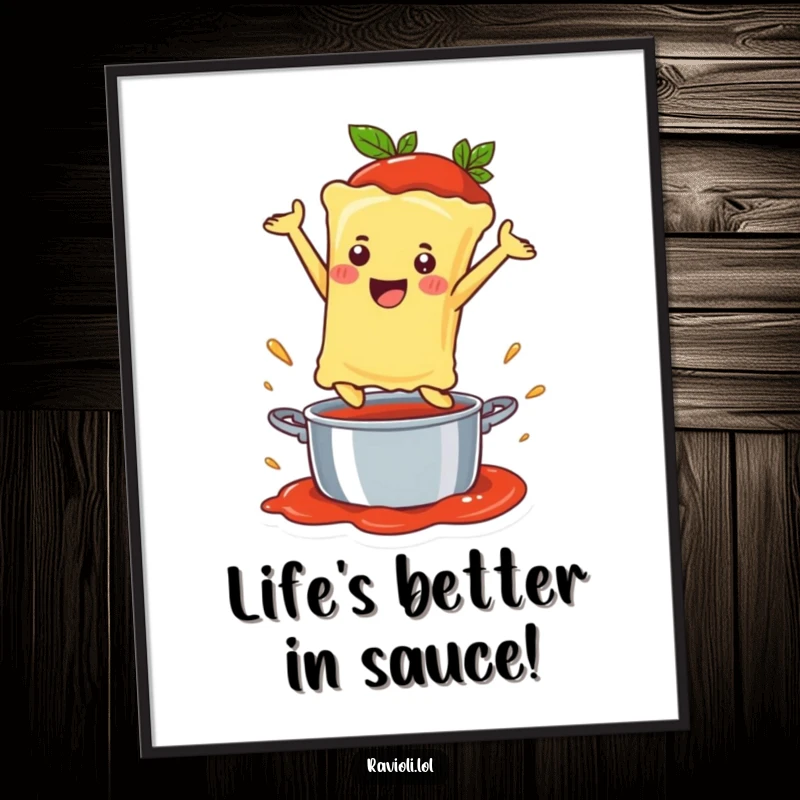 Funny Free Printable Wall Art: A happy ravioli character joyfully leaping into a pot of sauce, creating playful kitchen decor.