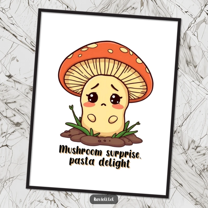 Funny Free Printable Wall Art: A confused ravioli peeks out from behind an enormous mushroom, eyes wide with surprise.