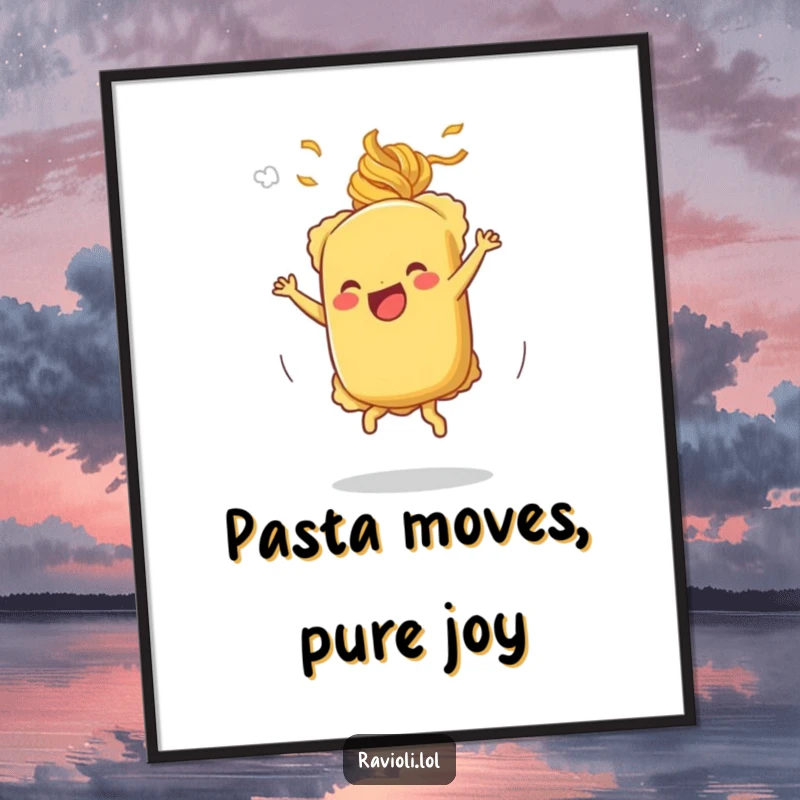 Funny Free Printable Wall Art: A ravioli character performing a joyful cartwheel, surrounded by wisps of happy pasta steam.