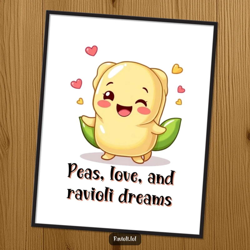 Funny Free Printable Wall Art: A comical ravioli character masterfully juggles bright green peas, adding a dash of fun.