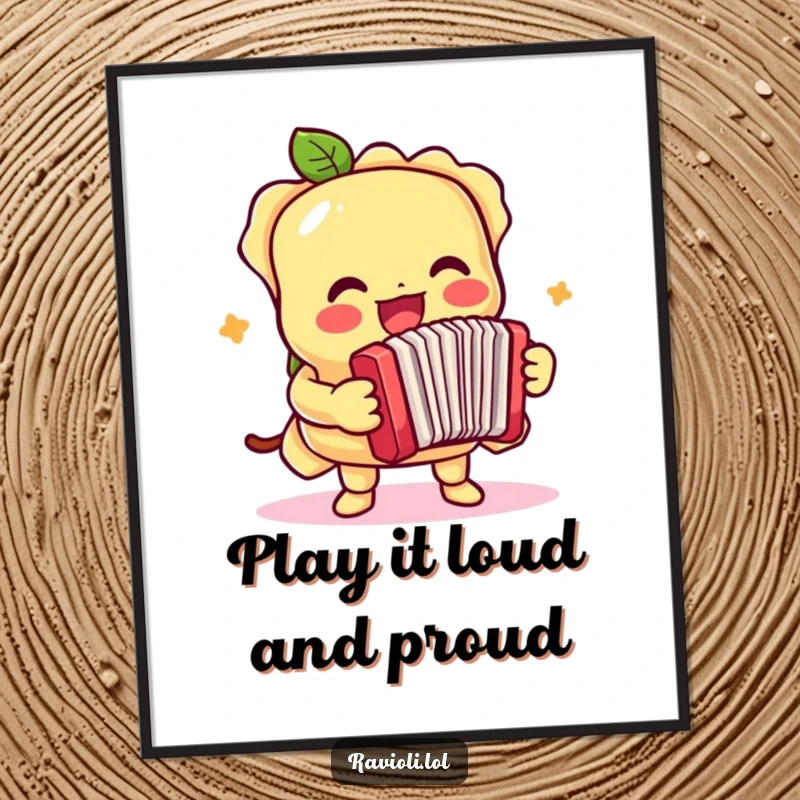 Funny Free Printable Wall Art: Ravioli character energetically playing a small accordion, filling the space with cheerful music.