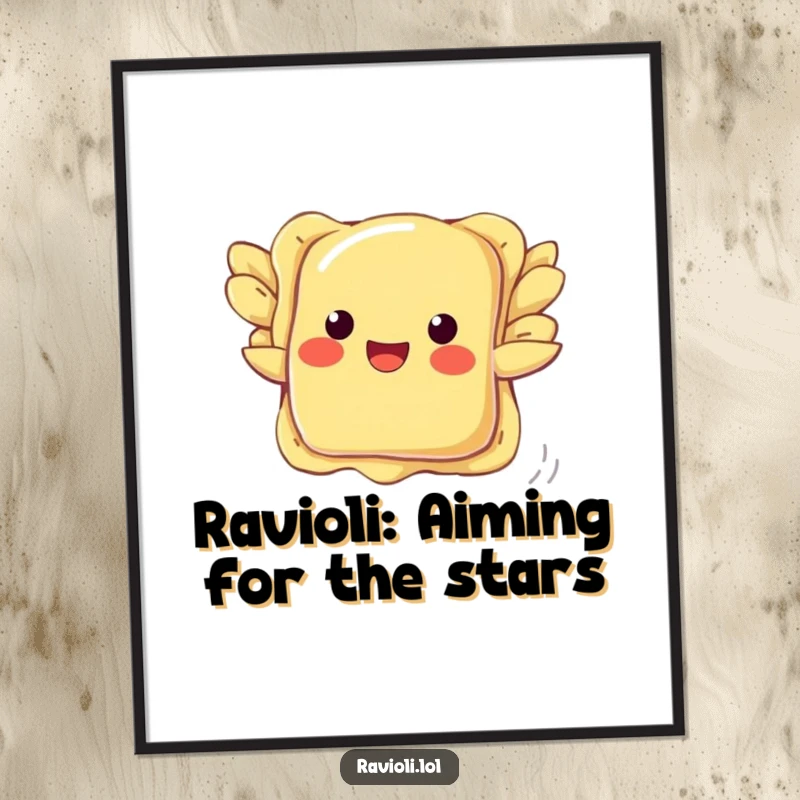 Funny Free Printable Wall Art: A cheerful ravioli attempts to fly using tiny pasta wings, ready to brighten your room.