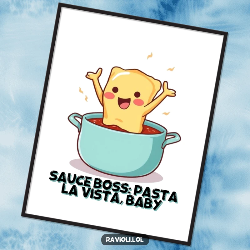 Funny Free Printable Wall Art: A happy ravioli character makes a dramatic leap into a pot of sauce.