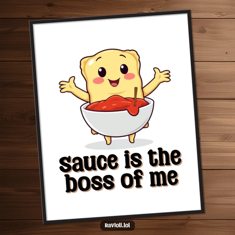 Funny free printable ravioli wall art; a ravioli tenderly embraces a bowl of rich marinara sauce.