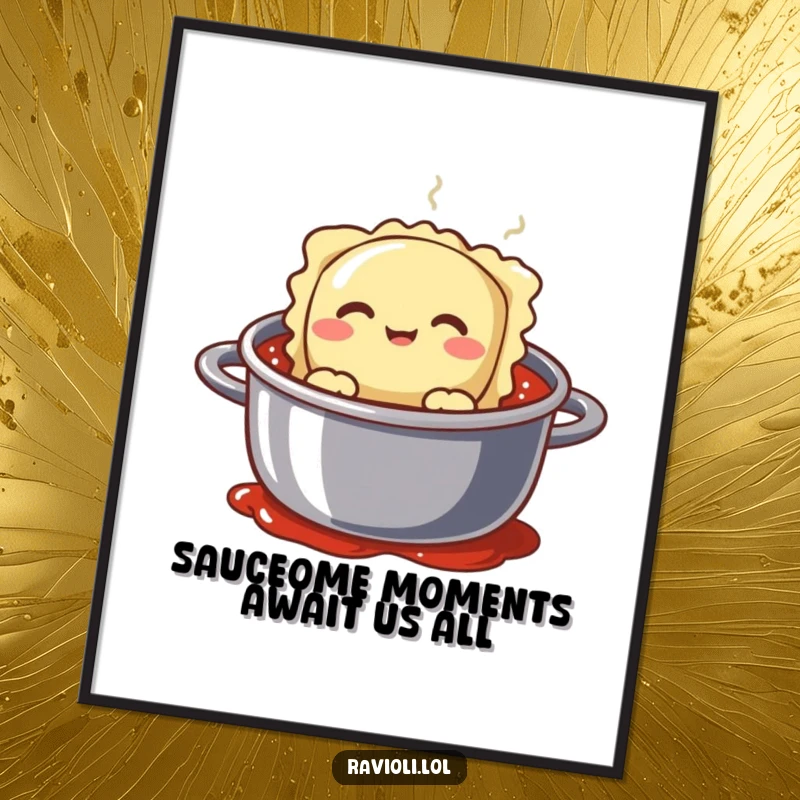 Funny Free Printable wall art of a silly ravioli character peeking out of simmering sauce with a comical expression.