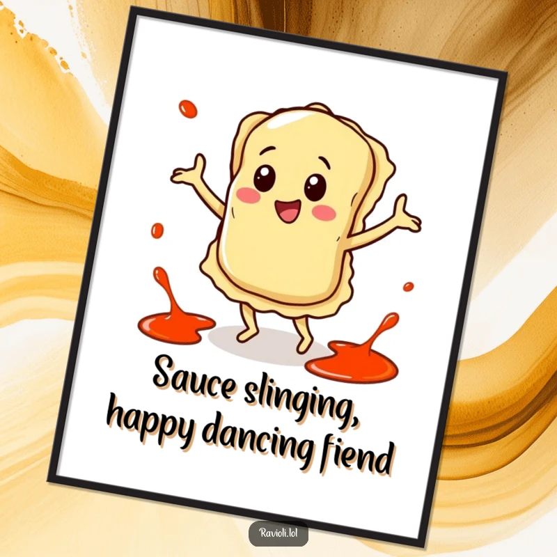 Funny Free Printable Wall Art: An ecstatic ravioli character performs a lively dance, surrounded by dynamic and colorful sauce splatters.