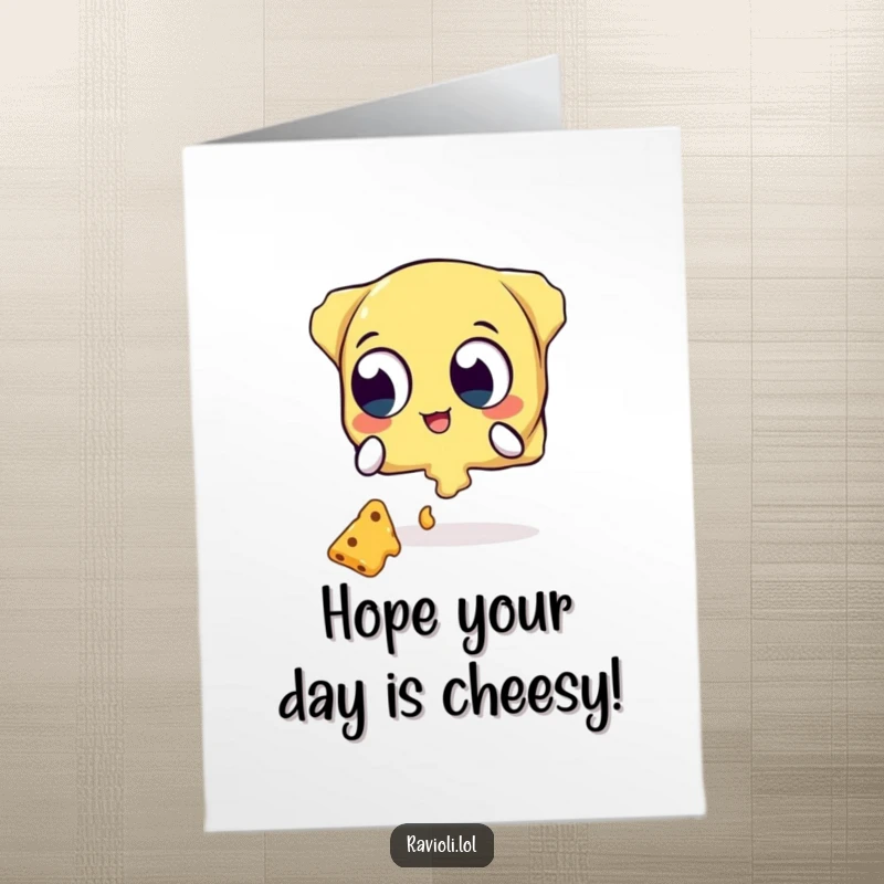 Funny Free Printable Birthday Card: Ravioli character with wide eyes attempts to catch falling cheese, birthday wish.
