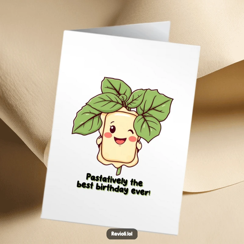 Funny Free Printable Birthday Card: A cute ravioli character grins mischievously from behind a large green basil leaf.