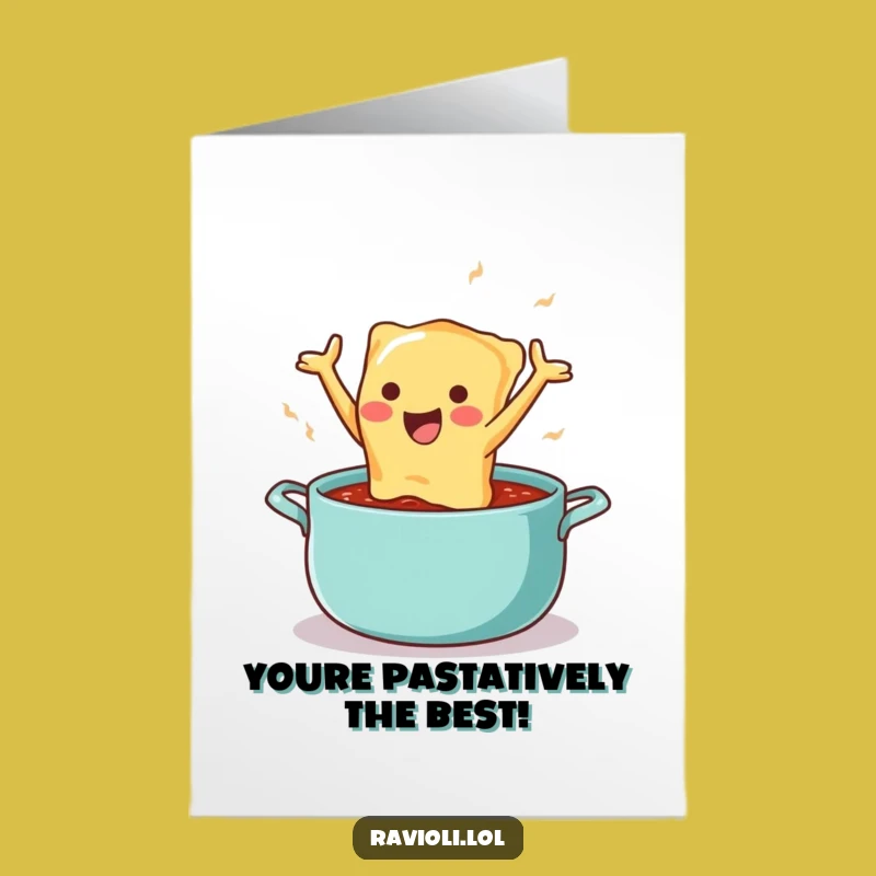 Free Printable Birthday Card: Funny Ravioli Jumping into Sauce, Downloadable Fun Gift