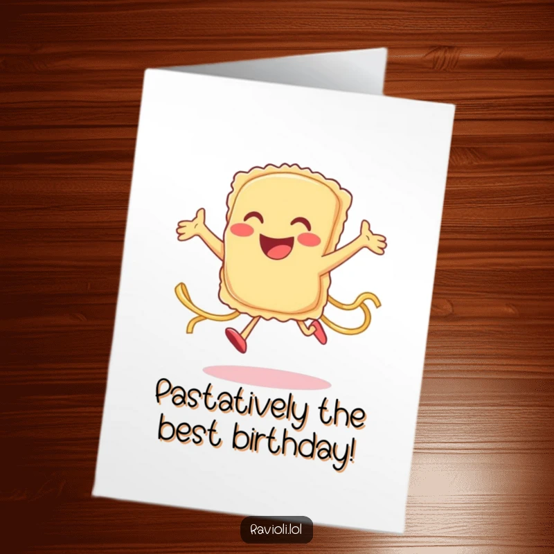 Funny free printable birthday card: A smiling ravioli character leaps with pure joy, pasta strands trailing behind in a fun celebration.