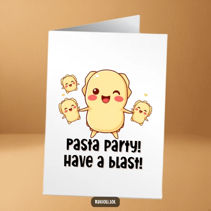 Funny Free Printable Birthday Card: Smiling ravioli character skillfully juggling three smaller smiling ravioli with joy.