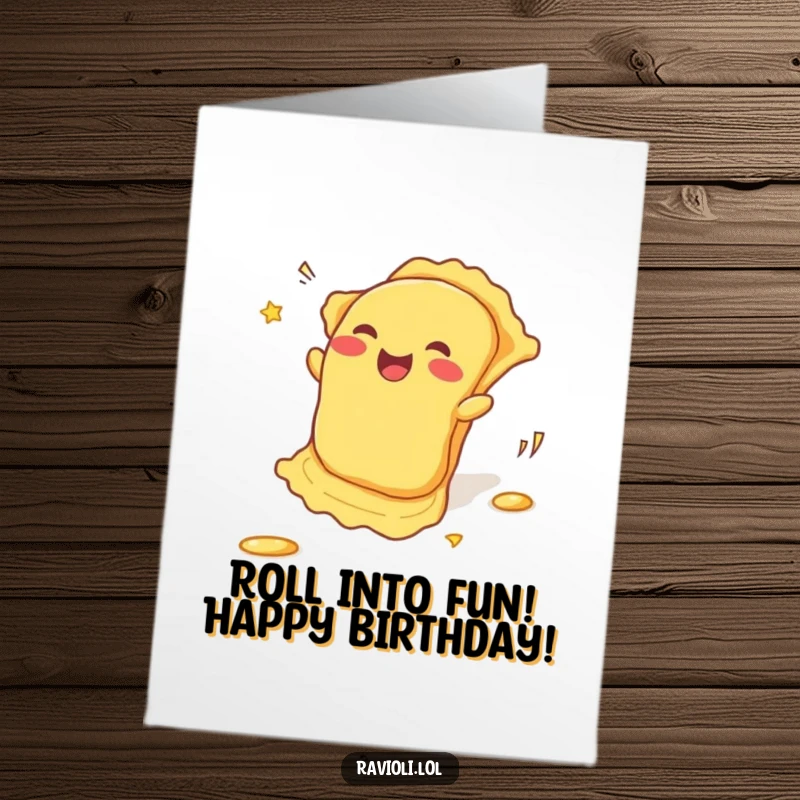 Funny Free Printable Birthday Card: A ravioli enthusiastically rolls downhill, leaving a trail of pure fun, DIY download.