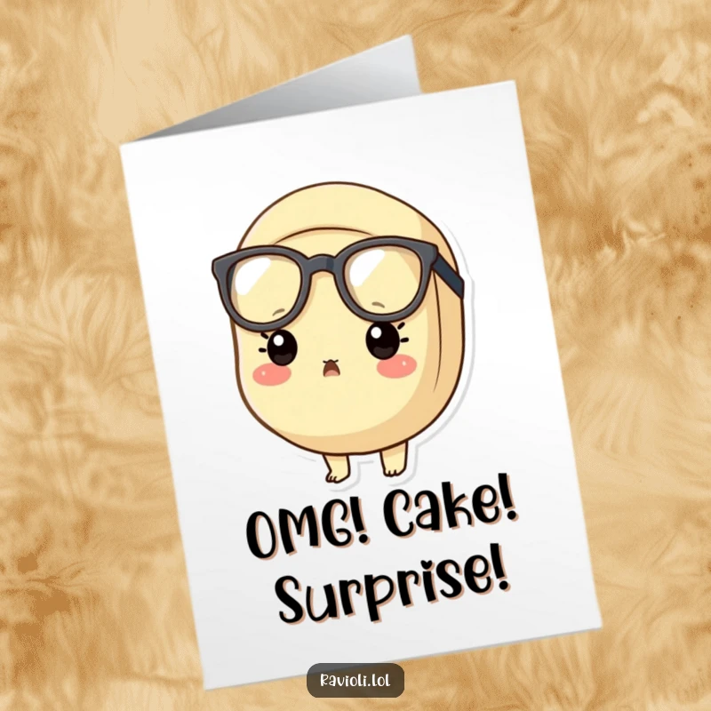 Funny Free Printable Birthday Card: Ravioli character wearing tiny oversized glasses, eyes wide with comical surprise for a birthday.