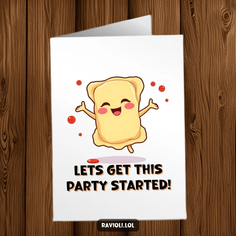 Funny free printable ravioli birthday card; a happy ravioli dances joyfully amidst colorful sauce splatters.