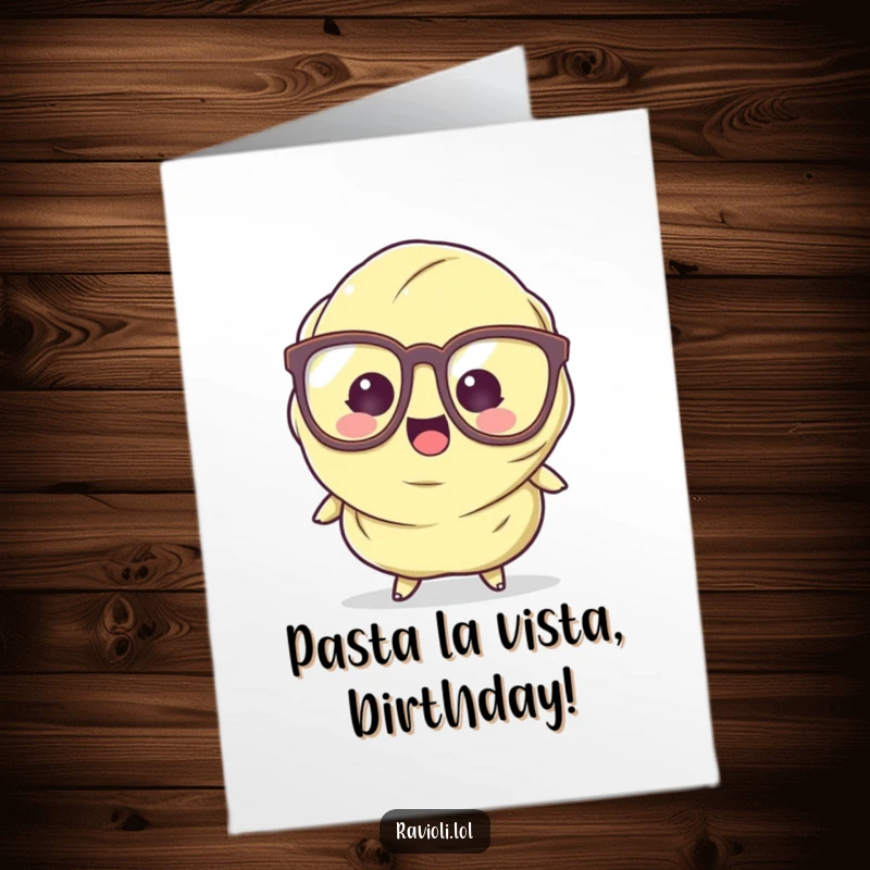 Funny Free Printable Ravioli Birthday Card: Nervous ravioli character with big glasses trips, sending laughter your way.