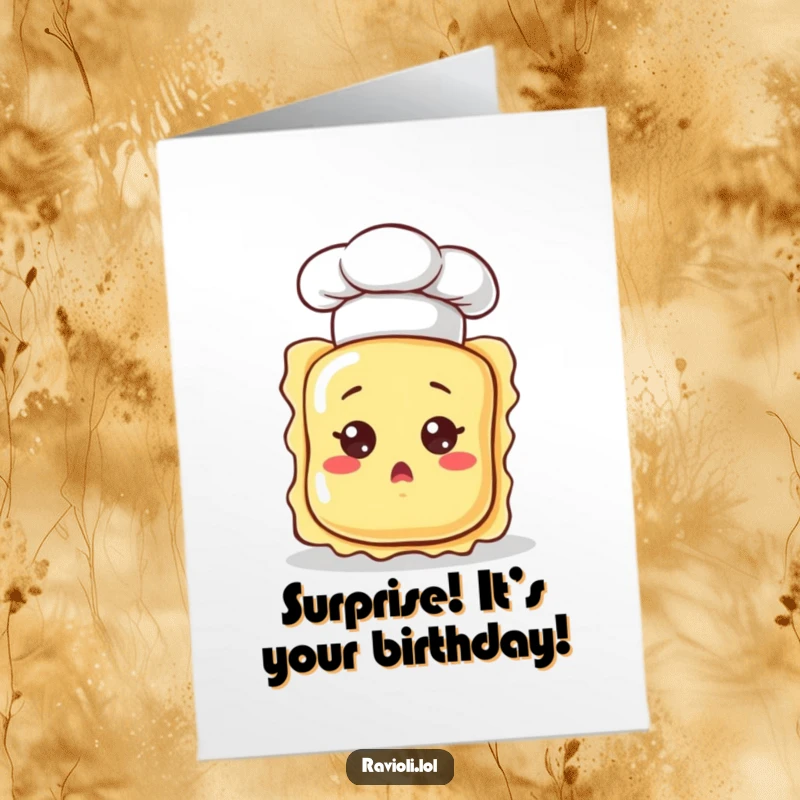 Funny Free Printable Birthday Card featuring a small ravioli in a chef hat, eyes wide with surprise, perfect for a shocking birthday wish.