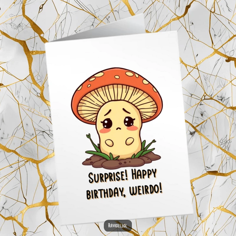 Funny Free Printable Birthday Card: A confused ravioli pops out from behind a huge mushroom, eyes wide with surprise.