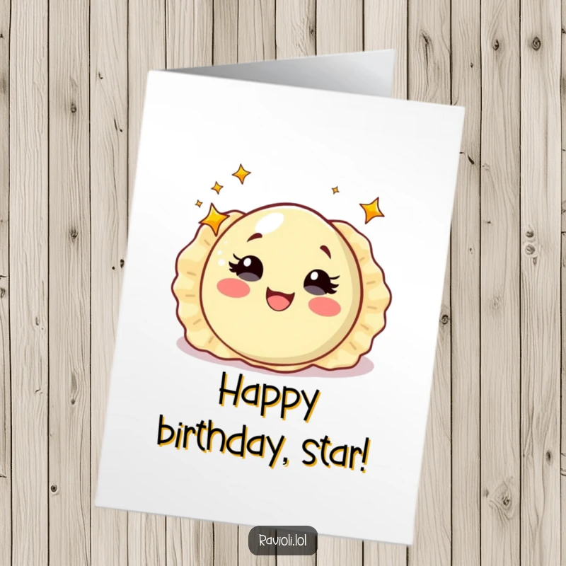 Funny Free Printable Birthday Card: A ravioli with wide, starry eyes, spinning with pure birthday delight and amazement.
