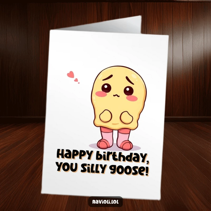 Funny Free Printable Birthday Card: A ravioli character looks utterly confused while sporting two wildly different, mismatched socks.